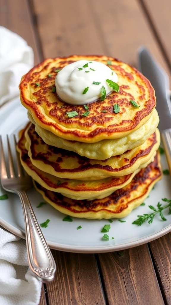 A stack of crispy zucchini pancakes garnished with herbs and sour cream on a wooden table.